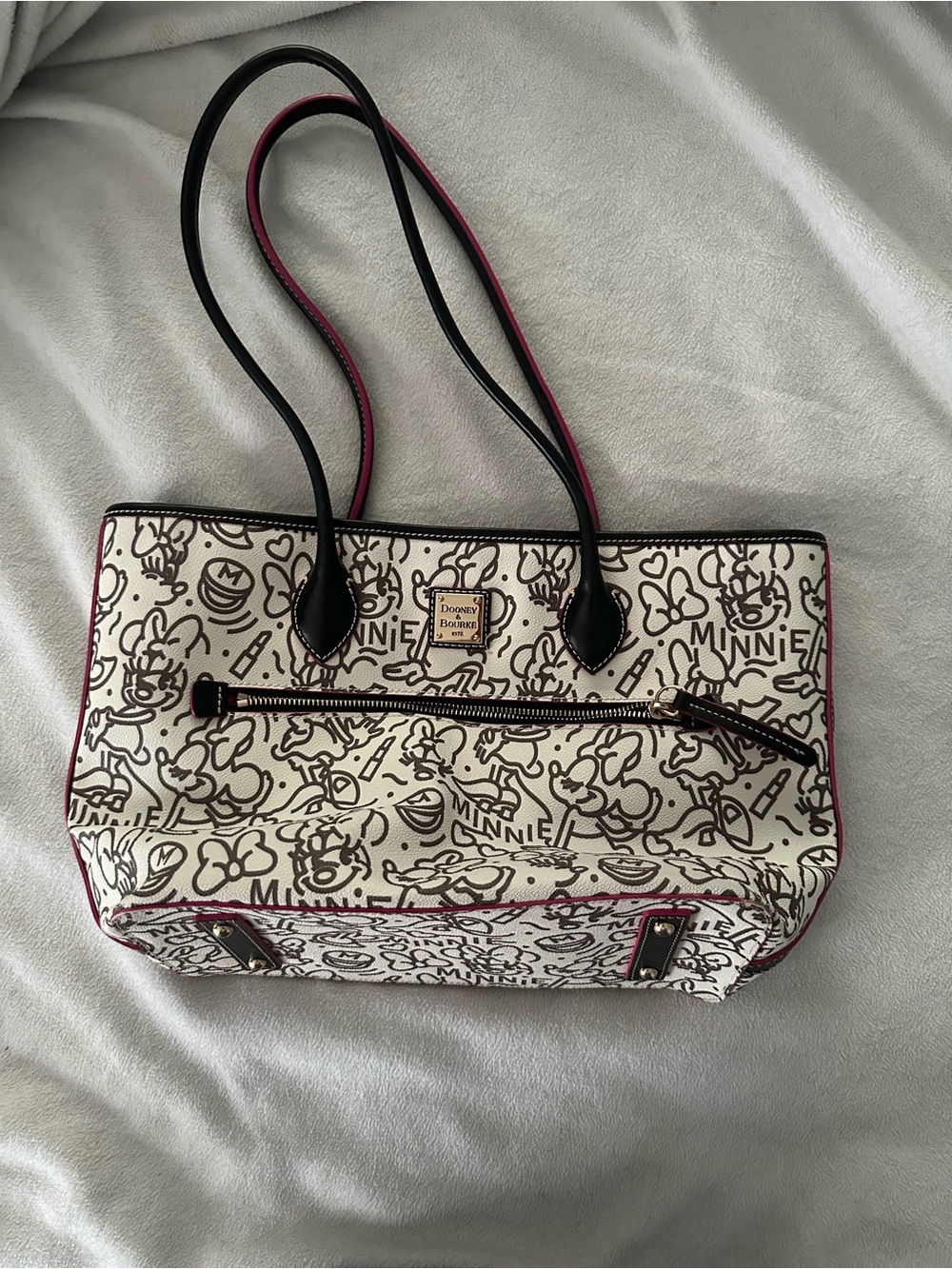 Dooney & Bourke Cream Canvas Minnie Mouse Tote with Black Handles and Pink Trim